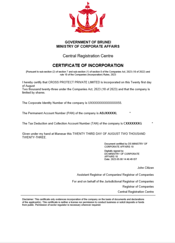 Brunei certificate of registration Word and PDF template